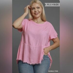 Umgee 1XL Linen Blend Bubble Pink Top with Frayed Hem Short Sleeve NWT